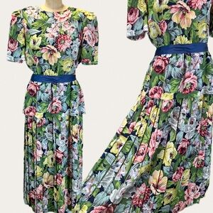 VINTAGE flower garden‎ party dress pleated skirt peplum waist short sleeve maxi